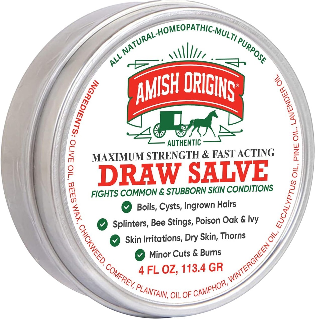 Amish Origins Drawing Salve Ointment, 4 oz Maximum Strength Fast Acting Draw Salve for Splinters, Boil, Bee Stings, Cyst, Anti Itch Cream, Made in USA