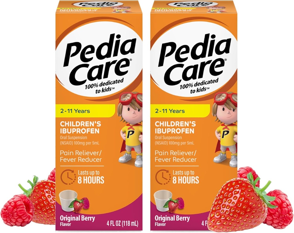 Çocuk Ibuprofen Oral Suspension Liquid, Kids Pain Reliever + Ateş Tespiti, 2-11, Berry Flavor, 4 fl oz (2 Pack)