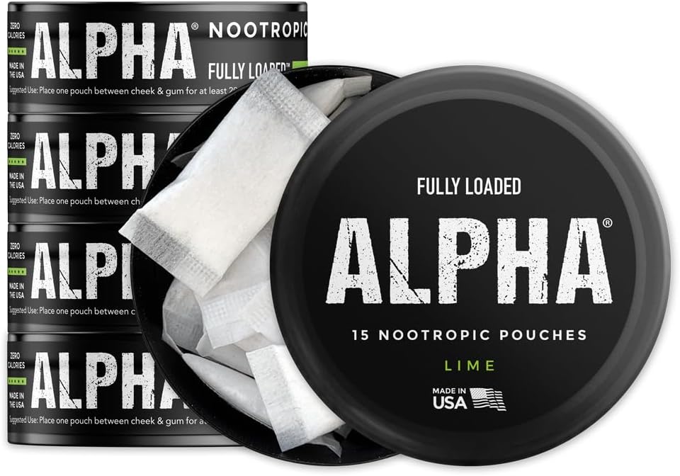 Tamamen Yüklenmiş Alpha Nootropic Pouches (Lime) - 5 Cans - 15 Pouches per can - Etkili Nootropic Delivery, Nic Pouch Reotropic Abors, Alfa GPC, L-Tyrosine, GABA
