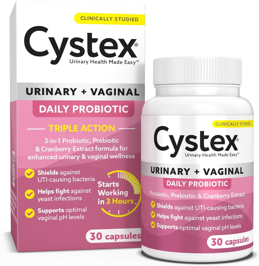 Cystex 3-in-1 Urinary Tract Probiyotik for Women - Fast-Acting UTI & Yeast Enfeksiyon Destek Prebiyotiks, Probiyotiks, & Cranberry - Supports Vaginal pH & Flora Balance - 30 Capsules