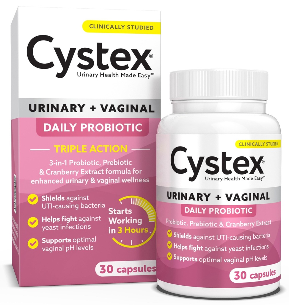 Cystex 3-in-1 Urinary Tract Probiyotik for Women - Fast-Acting UTI & Yeast Enfeksiyon Destek Prebiyotiks, Probiyotiks, & Cranberry - Supports Vaginal pH & Flora Balance - 30 Capsules