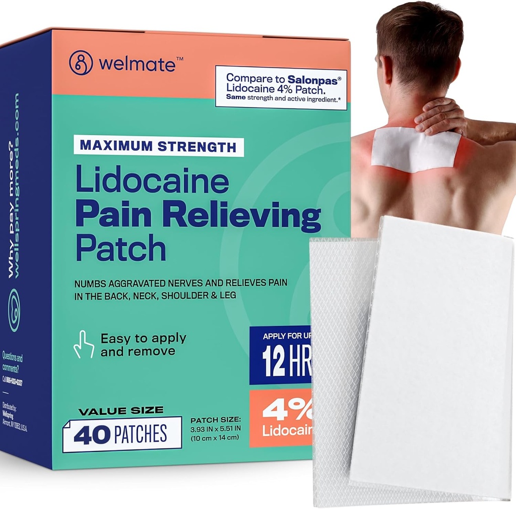 WELMATE Pain Patches maximum Strength Lidokain% 4 Topical Numbing Analgesic – Lidocaine Patches for Nerve & Back Pain Relief, Scia,Boy Kas Strain, Diz, Omuz Ortak, Hip, Foot (40ct)