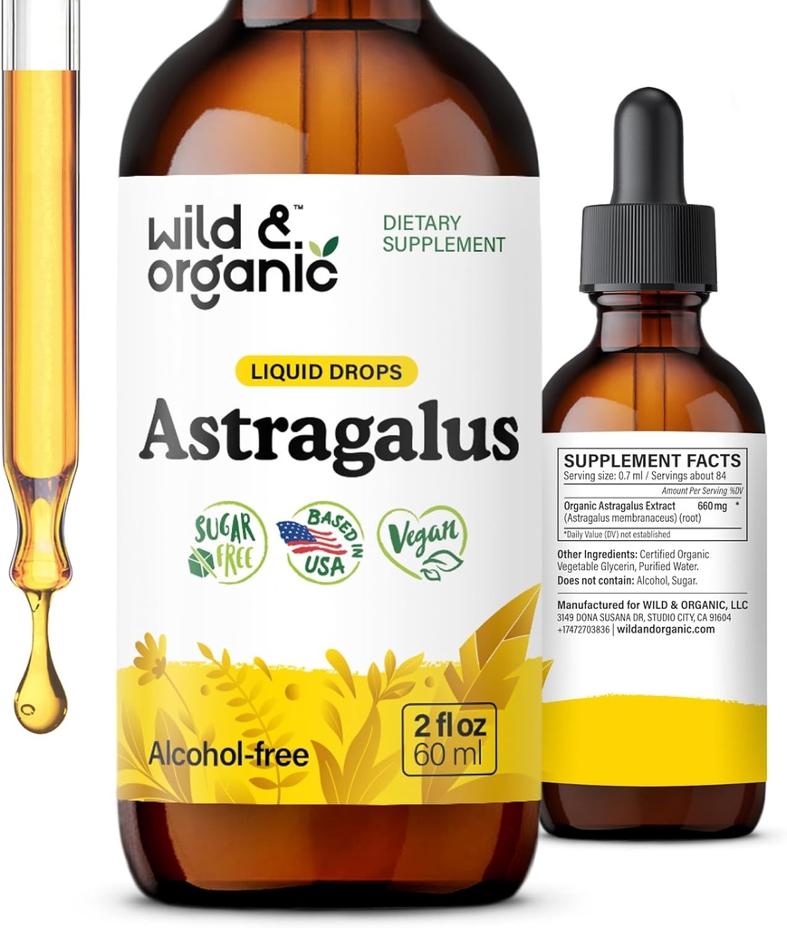 Wild & Organic Astragalus Tincture - Immune Support Drops w/Astragalus Root Extract - Herbal Supplement for Calmness & Relaxation - Vegan, Sugar & Alkol Free - 2 fl oz
