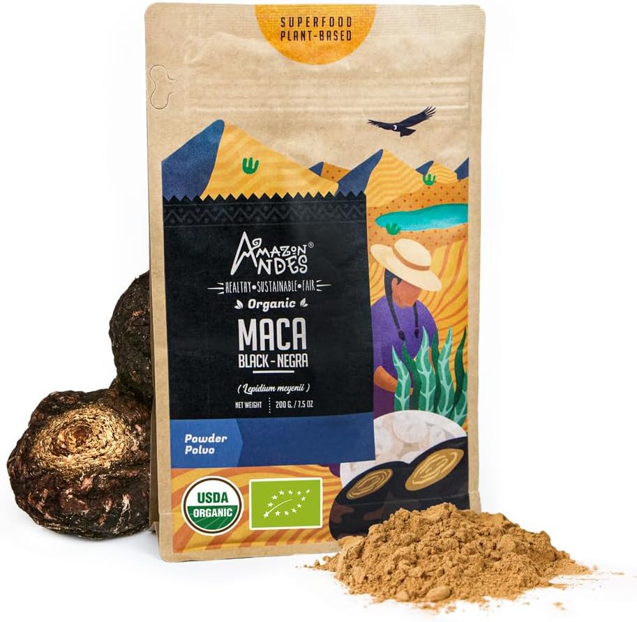 Andes Black Maca Root Toz (Lepidium meyenii) - Carbohidratlar ve Mineraller içerir - Adaptogen Superfood & Health Promosyonr - Gelatinized, Vegan, Non-GMO & Allegen-free - 7 Ounce (40 hizmet)