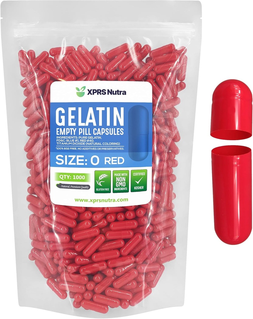 XPRS Nutra Size 0 Empty Capsules - 1000 Count Empty Gelatin Capsules - Pills DIY Capsule Filling - Pure Bovine Pill Gel Caps for Do-It-Yourself Supplements (Red)