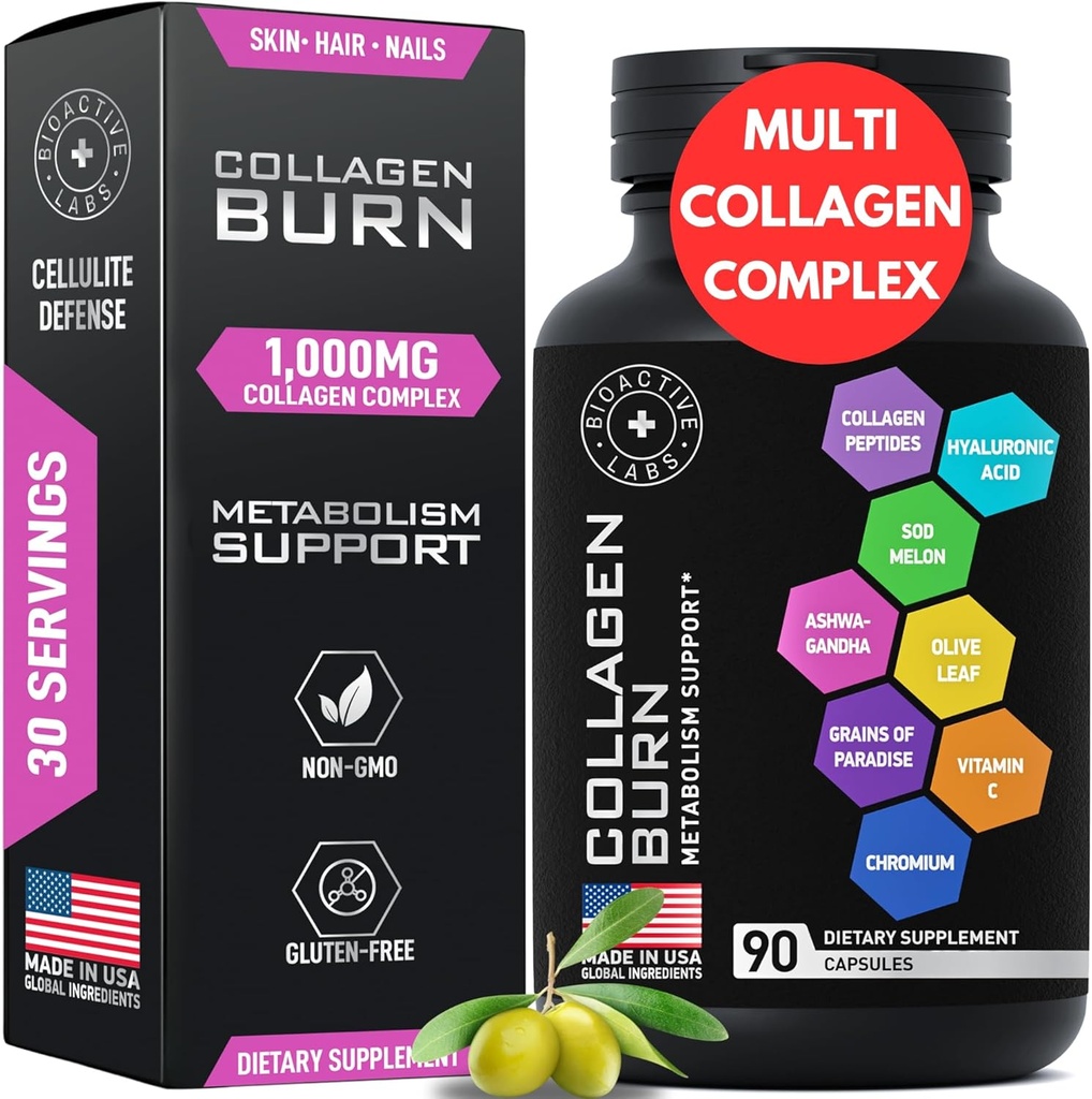 Termogenic Multi Collagen Burn Capsules - Gelişmiş Tip I, II, III, V, X Hydrolyzed Collagen, Plus Hyaluronik Asit - Metabolism, Hücresel, Cilt, Saç, Nails Desteği - 90 Collagenic Burn Caps
