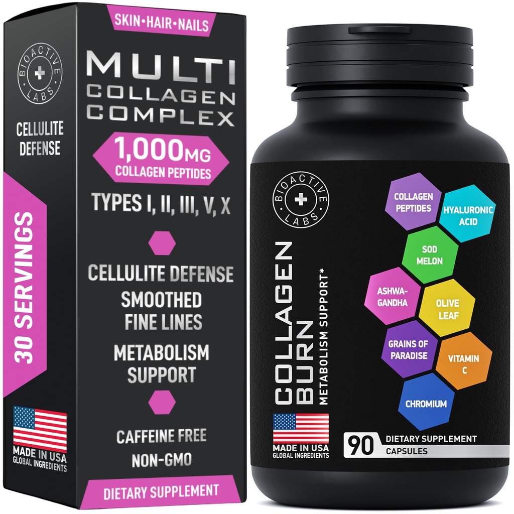 Termogenic Multi Collagen Burn Capsules - Gelişmiş Tip I, II, III, V, X Hydrolyzed Collagen, Plus Hyaluronik Asit - Metabolism, Hücresel, Cilt, Saç, Nails Desteği - 90 Collagenic Burn Caps