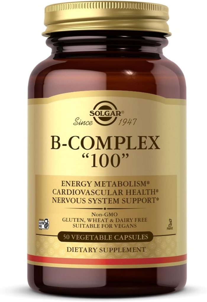 Solgar B-Complex 100" - 50 Sebze Kapsülleri - Enerji Metabolism, Nervous System Support - Non-GMO, Vegan, Gluten Free - 50 Hizmetler