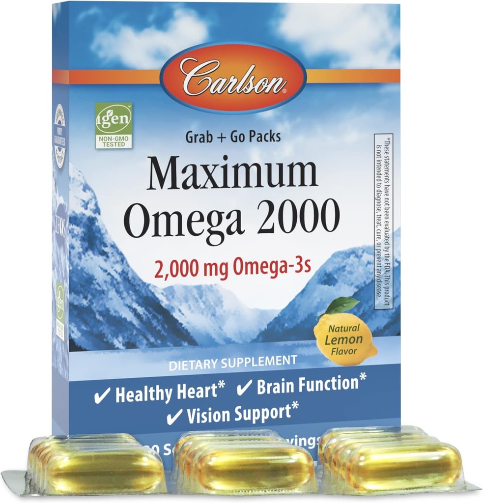 Carlson - maksimum Omega 2000 Grab + Go Packs, 2000 mg Omega-3s, Wild-Caught, Norveç Fish Oil Supplement, Sustainable Sourced Fish Oil Capsules, Lemon, 30 Softgel Packs,