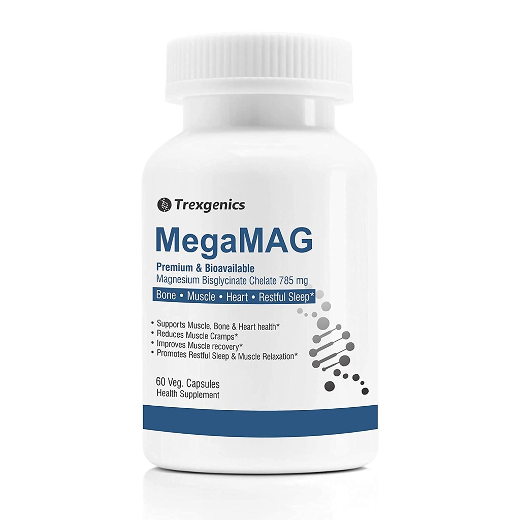A.K. Trexgenics MegaMAG Magnezyum Bisglycinate Elemental Magnezyum 220 mg/2 Caps with Glycine Faydaları - Most Bio available Magnezyum for Sleep, Muscle, Bone & Heart Support (60 Veg Capsules)