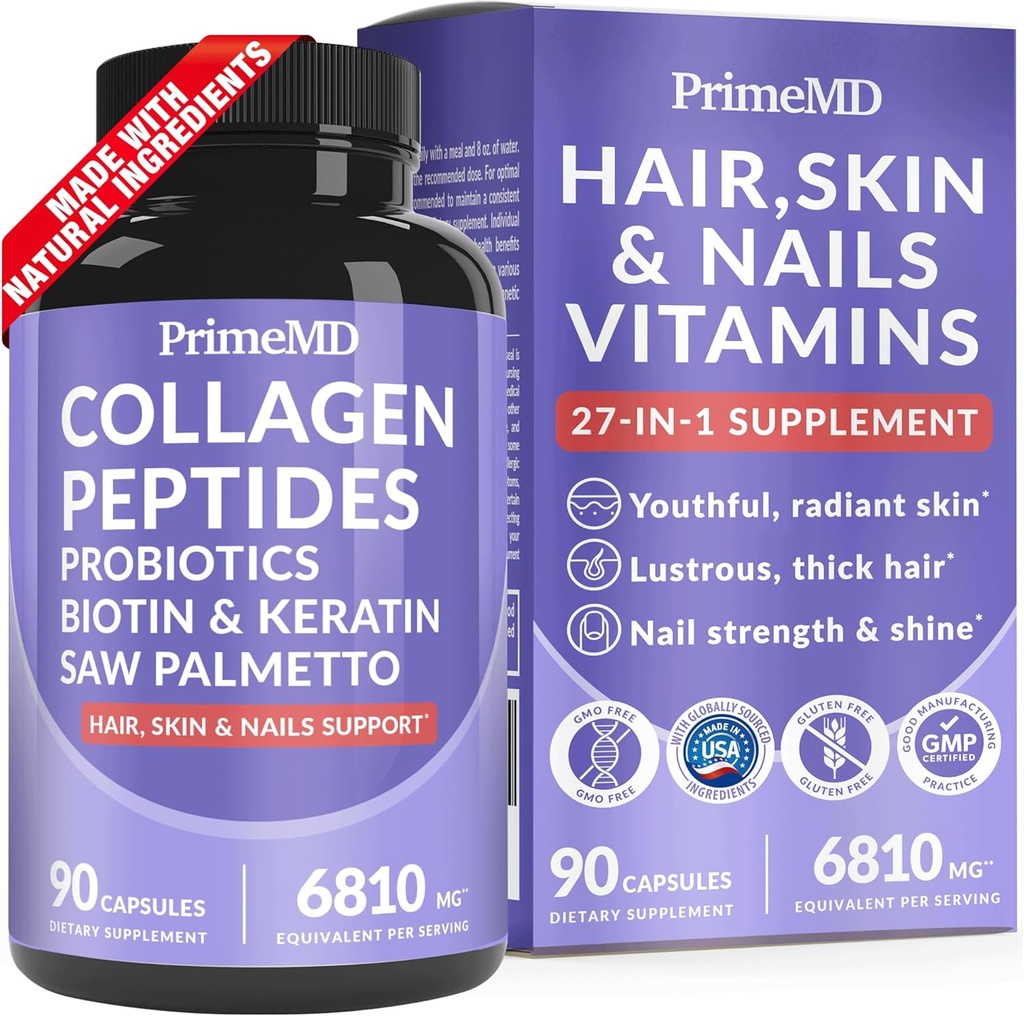 27-in-1 Hair Skin ve Nails Vitaminleri (6810 mg) Biotin 10000 • Erkekler ve Kadınlar için Collagen Supplements - Keratin Supplements with Probiyotiks and Saw Palmetto, 90ct