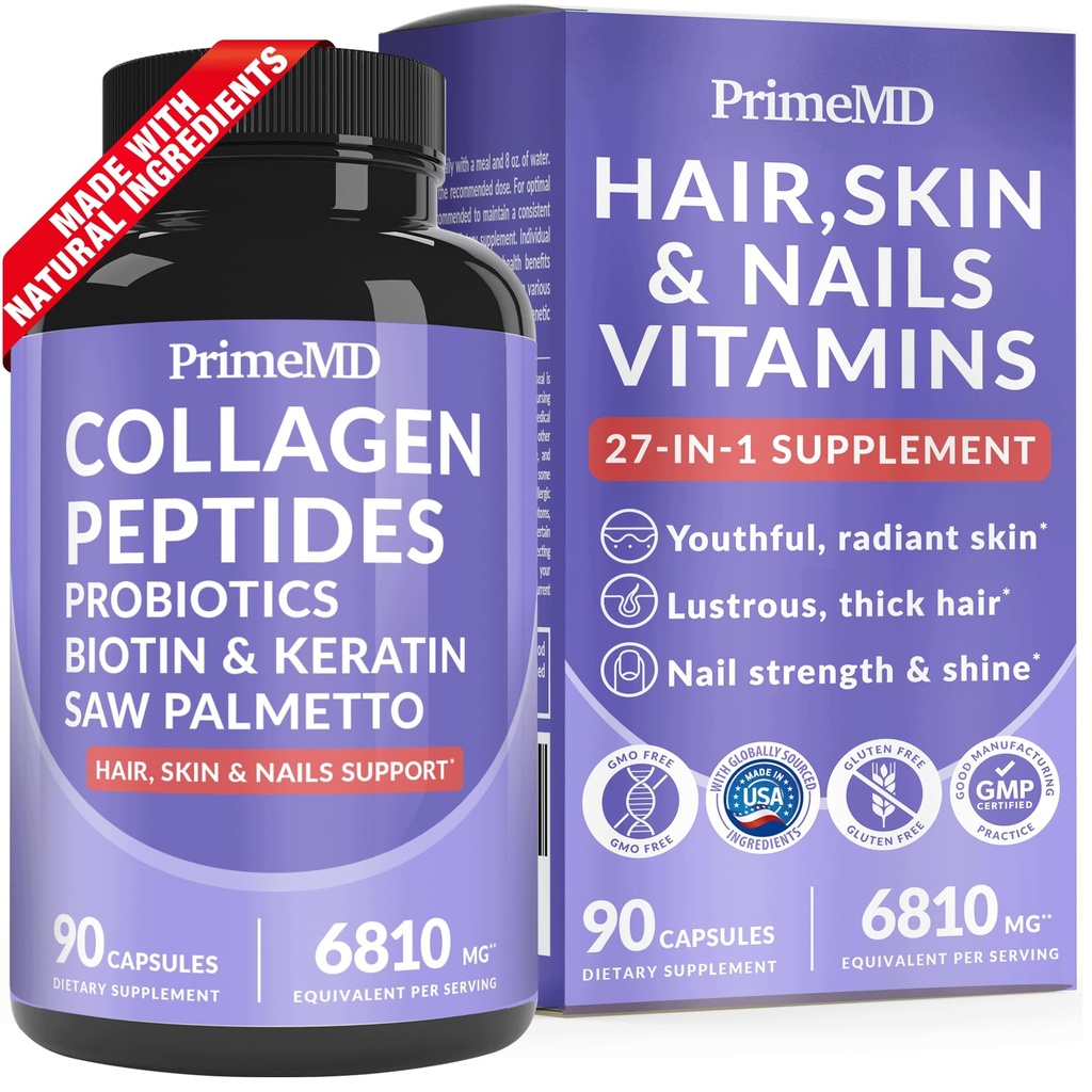 27-in-1 Hair Skin ve Nails Vitaminleri (6810 mg) Biotin 10000 • Erkekler ve Kadınlar için Collagen Supplements - Keratin Supplements with Probiyotiks and Saw Palmetto, 90ct