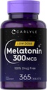 Carlyle Melatonin 300 mcg | 365 Tabletler | Low Dose | Vegetarian, Non-GMO, Gluten Free