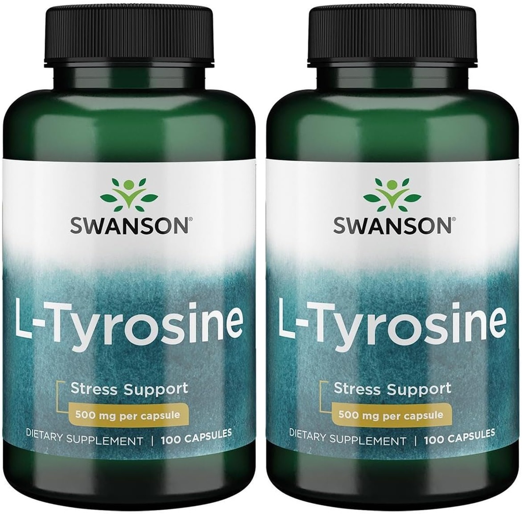 Swanson L-Tyrosine - Amino Asit Stres Desteği, Bilişsel Fonksiyonlar ve Zihinsel Clarity - Yardım Genel Beyin Sağlığı - (100 Capsules, 500 mg Her) (2 Pack)