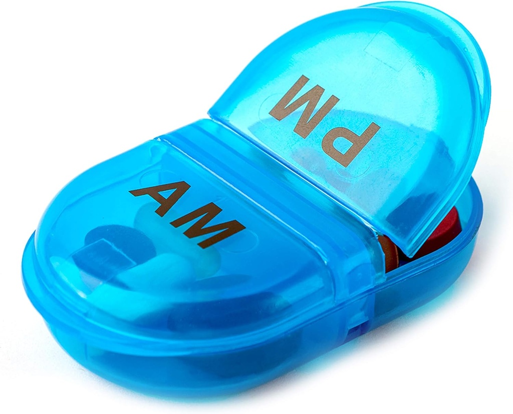 Deke Home - Pill Organizer AM PM, 2 Karşılaştırma Pill Box for Pocket or Purse, Small Daily Medicine Case, Travel Pill Holder, Easy Open Pill Konteyner, Vitamins & Supplements (Mavi, 1)