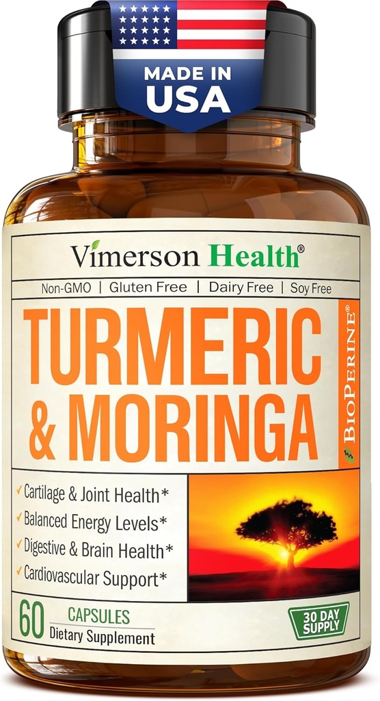 Moringa + Turmeric Curcumin συμπλήρωμα για την κοινή υγεία, την υγεία των ούρων, την ενέργεια και την ανοσοποιητική υποστήριξη - Total Wellness Formula - Tumeric Curcumin με Μαύρο πιπέρι & Moringa Pure Capsles - 60 Count