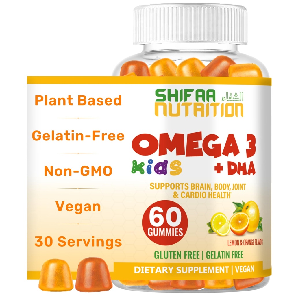 SHIFAA UUTRITION Halal Omega 3 for Kids with DHA Gummies for Brain Development, Heart & Immune Support, Plant-Based, Non-GMO, Algae-Based DHA, Gluten & Gelatin-Free Kids Omega 3 Gummies, 30 Hizmetler
