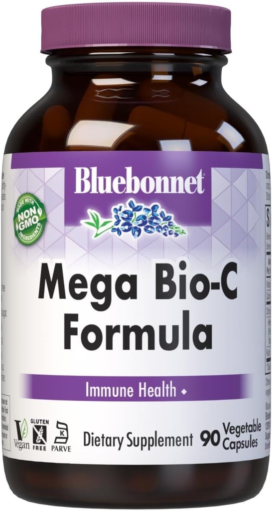 Bluebonnet Beslenme Mega Bio-C Formula Sebze Kapsülleri, Yüksek Potency Buffered Vitamin C, Immune Health, Soy Free, Gluten Free, Non-GMO, Kosher, Dairy Free, Vegan, 90 Count