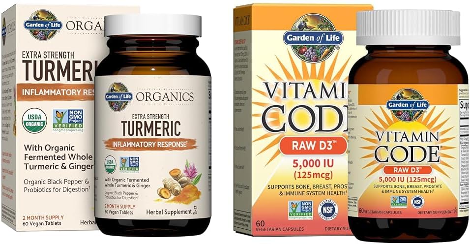 Life Turmeric Inflammatory Response & Vitamin D3 Raw Whole Food Supplements, 60 Tablet & 60 Capsules