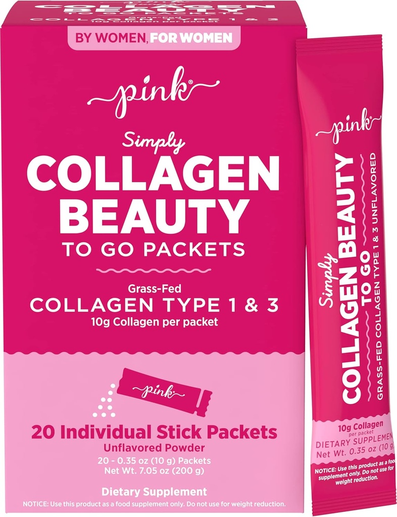 PINK Collagen Toz Go | 20 Seyahat Paketleri | Unflavored Toz Tip 1 & 3 | Gluten Free & Non-GMO Grass Fed Fed