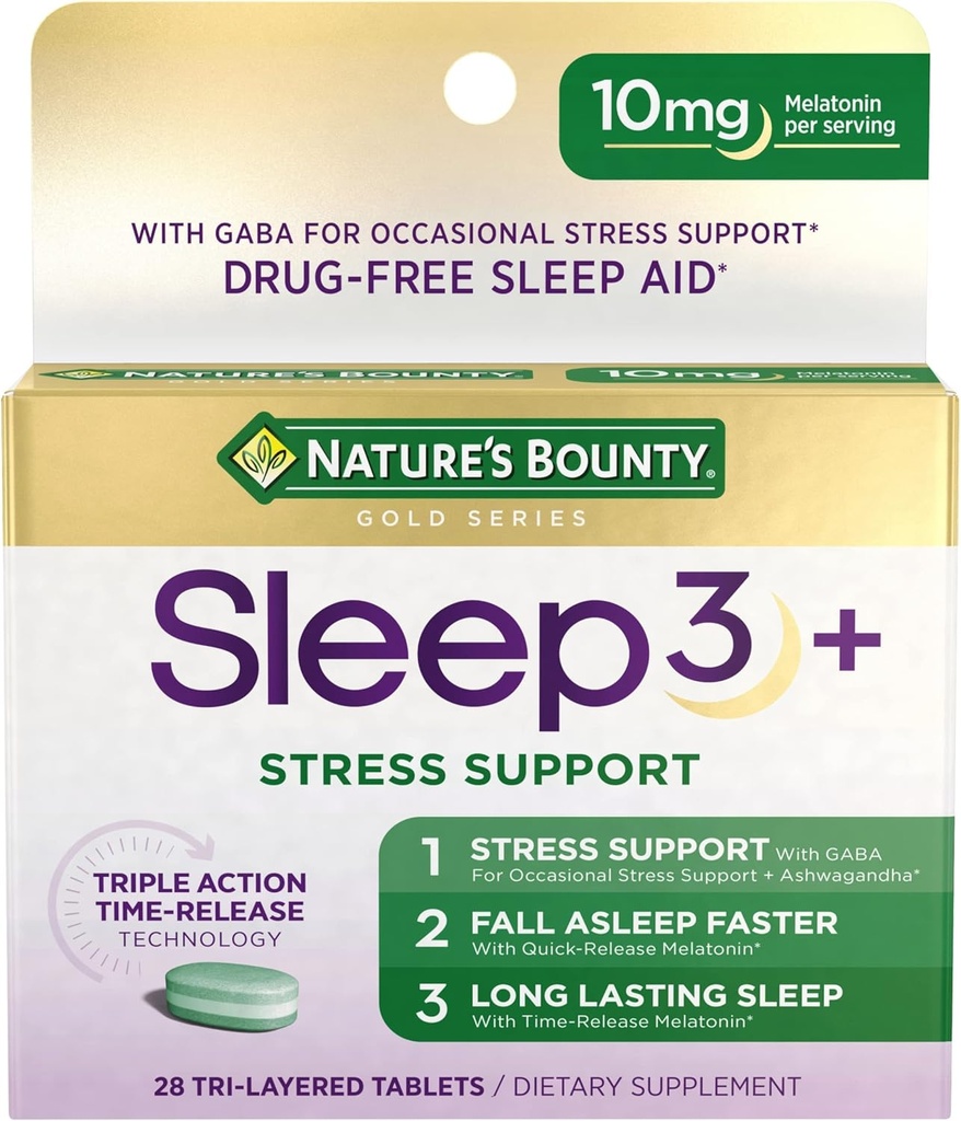 Nature's Bounty Sleep + Stres Desteği, Sleep3 En Güçlü 100% Uyuşturucu Ücretsiz Uyku Yardımı, Ashwagandha ile Diyetsel Tamam, Zaman Yayın Teknolojisi, 10 mg, 28 Tri-Layered Tabletler