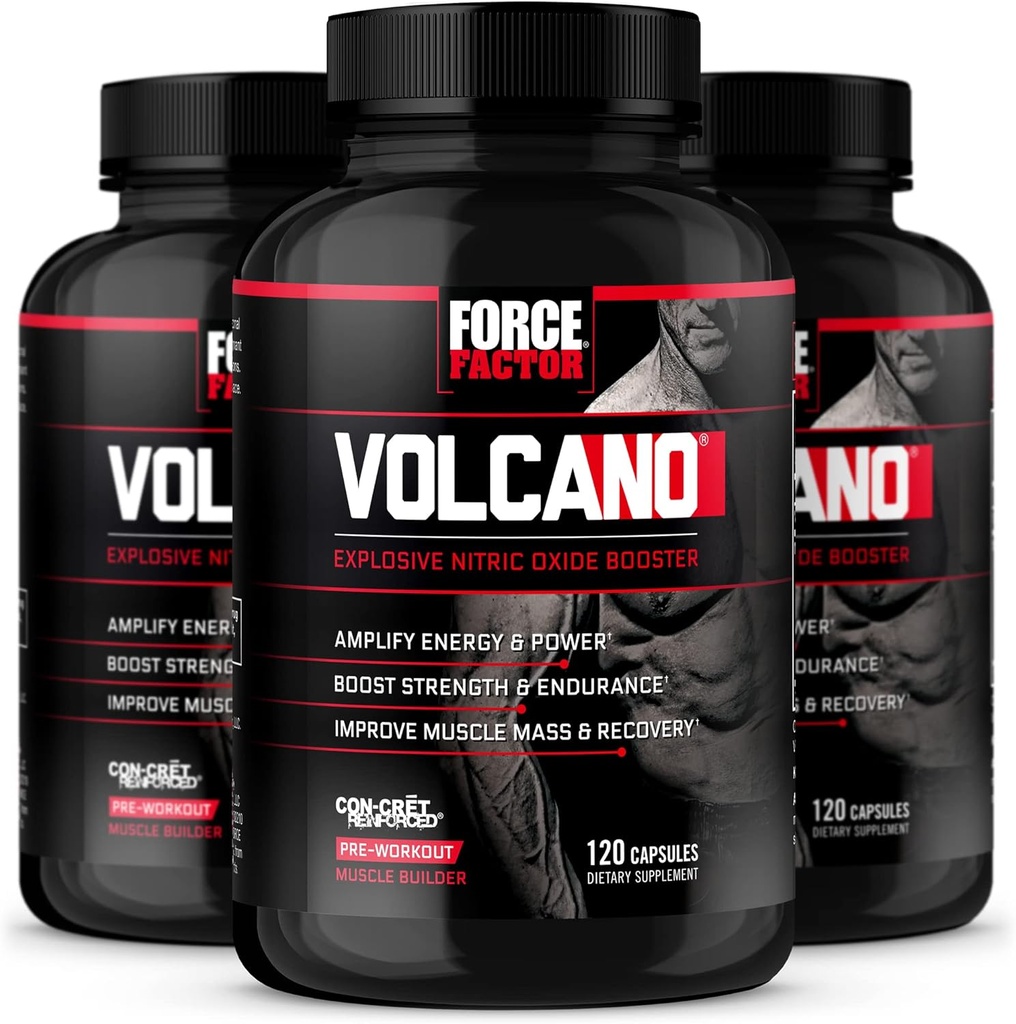 FORCE FACTOR Ηφαίστειο προ προπόνησης Nitric Oxide Booster συμπλήρωμα για τους άνδρες με Creatine και L-Citrulline να βοηθήσει στην ενίσχυση του νιτρικού οξειδίου, την ενέργεια, την οικοδόμηση μυών & τη βελτίωση της ροής του αίματος, 120 Count(Pack of 3)