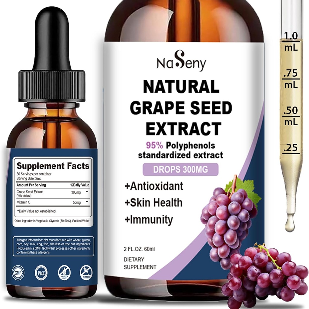 Natural Grape Seed Extract Drops-300 mg Grape Seed Extract Liquid Supplement - Maximum Strength Vitis Vinifera Seed Tincture, Standardized to 95% Polyphenols, Non-GMO, Gluten Free (60ml)