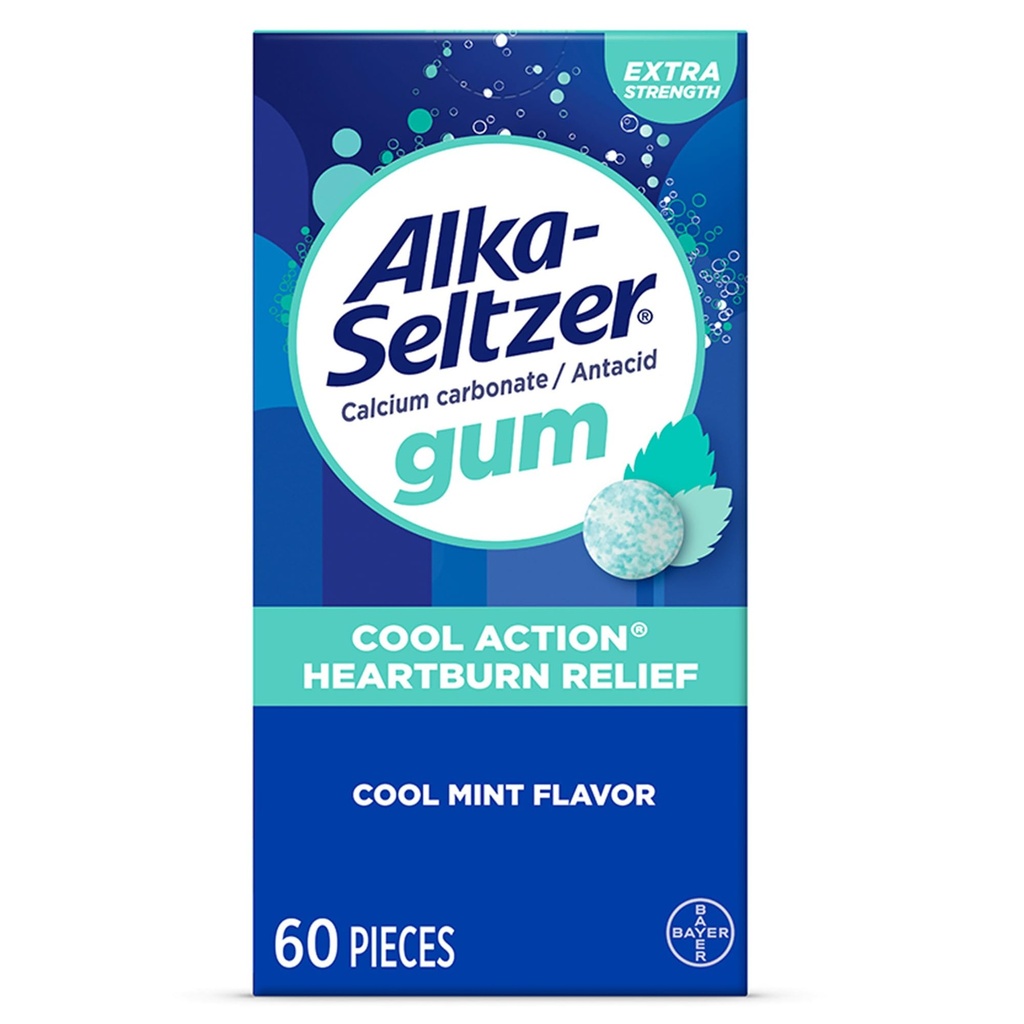Alka-Seltzer Cool Action Heartburn Relief Gum, Ekstra Kuvvet Antacid Gum, Acid Indigestion ve Upset Stomach Relief, No Chalky Taste, Cool Mint Flavor, 60 Count