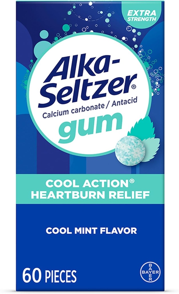 Alka-Seltzer Cool Action Heartburn Relief Gum, Ekstra Kuvvet Antacid Gum, Acid Indigestion ve Upset Stomach Relief, No Chalky Taste, Cool Mint Flavor, 60 Count