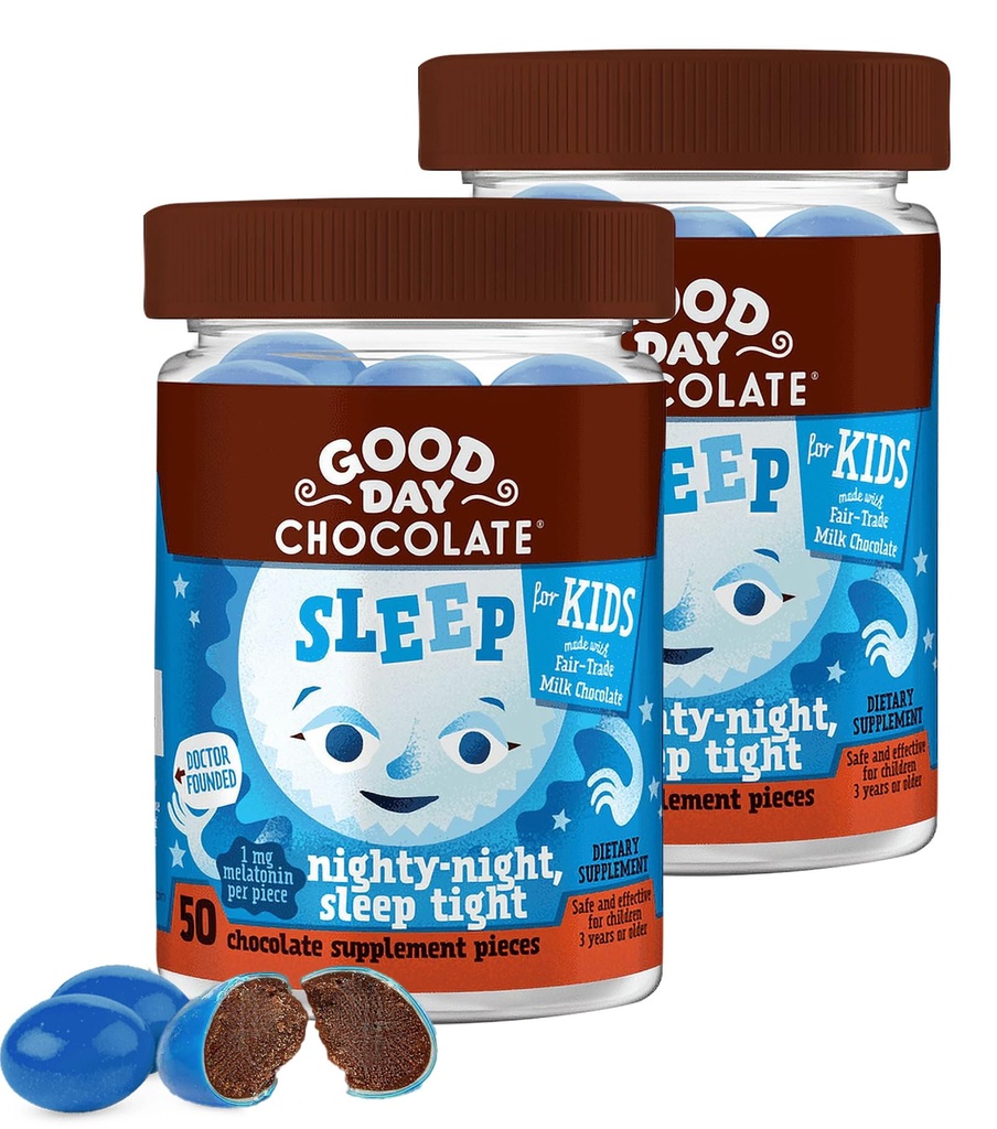 Good Day Chocolate Melatonin for Kids [2 Pack] - Fair Trade Non-GMO Chocolate with Chamomile and Melatonin 1 mg - Toddler Melatonin, Kids Natural Sleep Aid for Ages 3 and Up Up