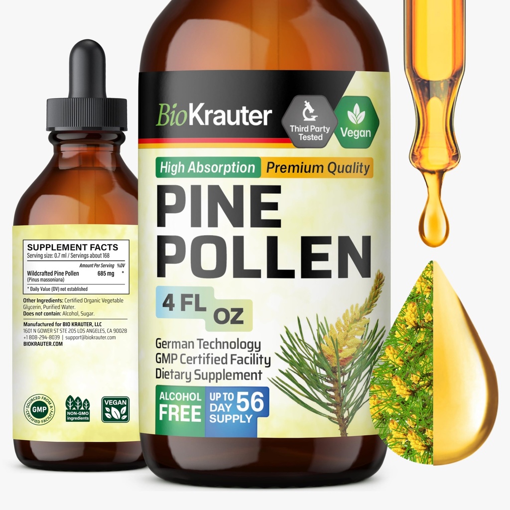 BIO KRAUTER Pine Pollen Βάμμα - Pine Pollen Powder Liquid Extract για Ανοσολογική Υποστήριξη - Αλκοόλ & Ζάχαρη Δωρεάν Φυσικό συμπλήρωμα βοτάνων - 4 FL.Oz.