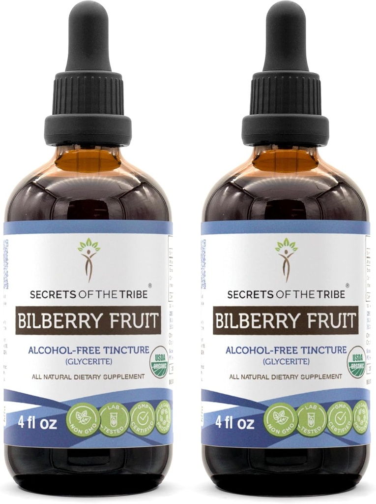 Secrets of the Tribe Bilberry Fruit Alcohol-Free Liquid Extract, USDA Organic Bilberry (Vaccinium Myrtillus) Dried Fruit Tincture Supplement (2x4 FL OZ)