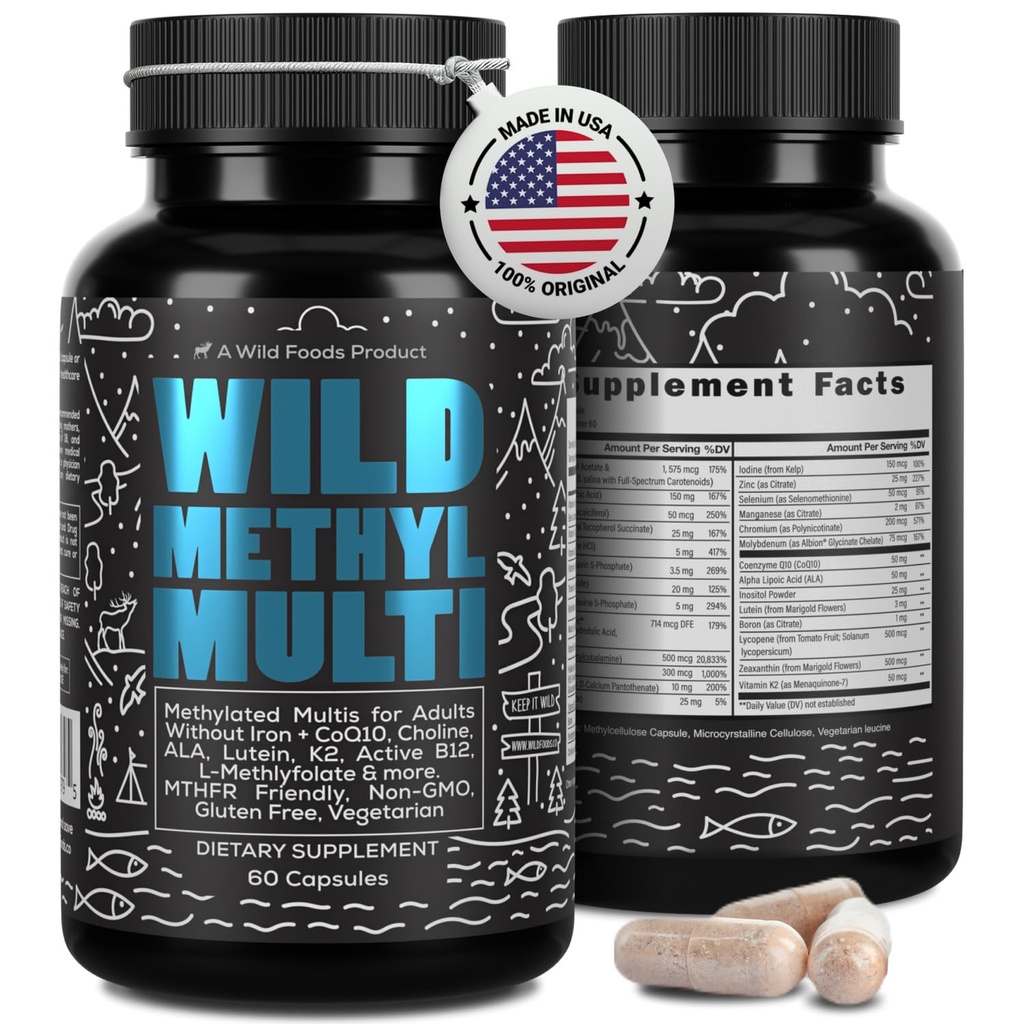 Kadınlar ve Erkekler için Vahşi Medeniyeti | Daily Multi Vitamin | MTHFR Supplement Without Iron | Metilated B12, Folate, C, A, K2, D, E, Choline, Biotin, ALA, CoQ10 & More (60 Capsules)