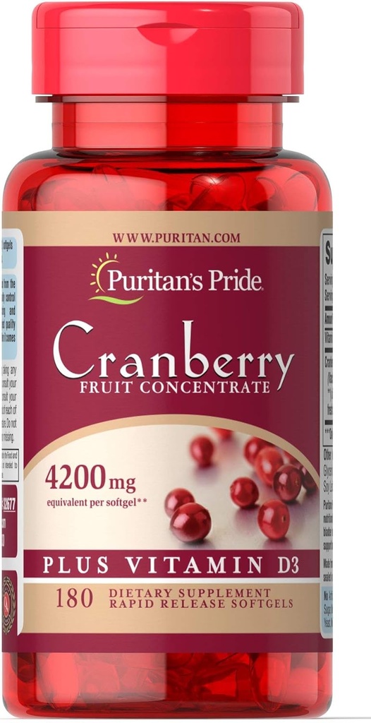 Puritan's Pride Cranberry Fruit Inter Plus Vitamin D3-180 Softgels