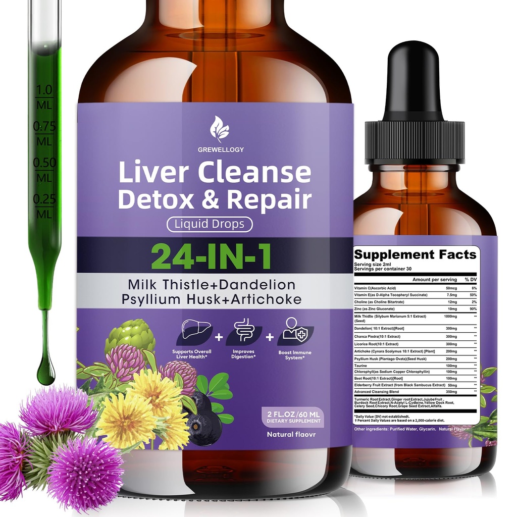 Liver Cleanse Detox & Repair Liquid Drops - Milk Thistle, Dandelion, Psyllium Husk & Artichoke Supplement for Liver Health & Digestion - Sugar-Free Vegan Extract, 2 Fl Oz (30 hizmet)