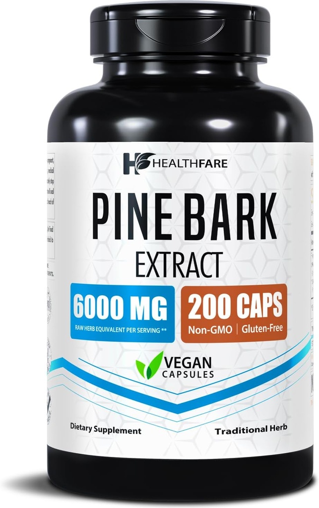 Healthfare Pine Bark, 6000 mg Fransız Deniz | 200 Vegan Capsules | Standartlaştırılmış% 95 OPC Proanthocyanidins | Antioxy Herbal Supplement | Non-GMO, Gluten-Free | Made in USA