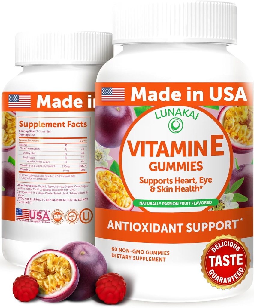 Lunakai ΗΠΑ Φτιαγμένη βιταμίνη E Gummies 400IU με βιταμίνη C - Νοστιμότατο, Vegan, μη ΓΤΟ συμπλήρωμα για την καθημερινή υποστήριξη δέρματος & ματιών, 60ct