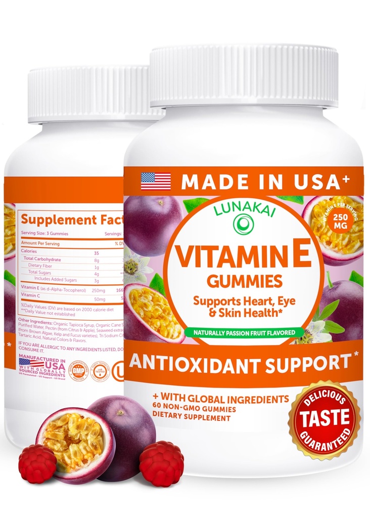 Lunakai USA Vitamin C ile 400IU - Delicious, Vegan, Non-GMO Supplement for Daily Skin & Eye Support, 60cties 400IU