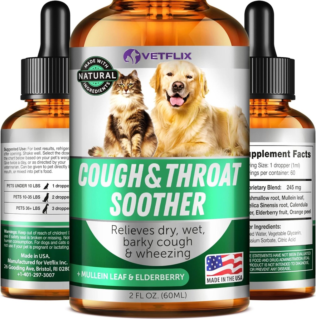 Köpekler ve Kediler için Kennel Cough Tedavisi - ABD'de Gerçek - Köpek Alerji & Kedi Asthma Yardımı - Mullen Leaf & Elderberry - Kuru, Wet & Barky Cough For Relief & Cats - All Breeds & Dimensions - 2 Fl Oz