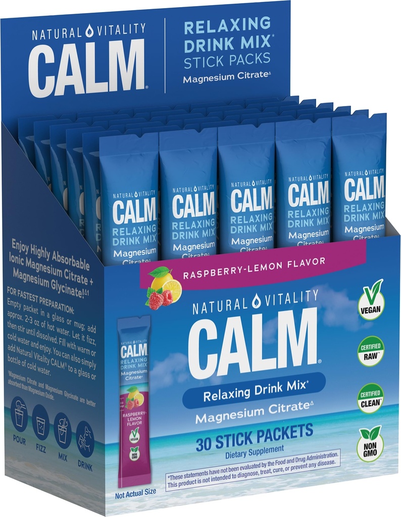 Doğal Vitality Calm, Magnezyum Citrate Supplement, Anti-Stress Drink Mix Toz - Gluten Free, Vegan, & Non-GMO, Raspberry Lemon, 0.12 oz, 30 Packets