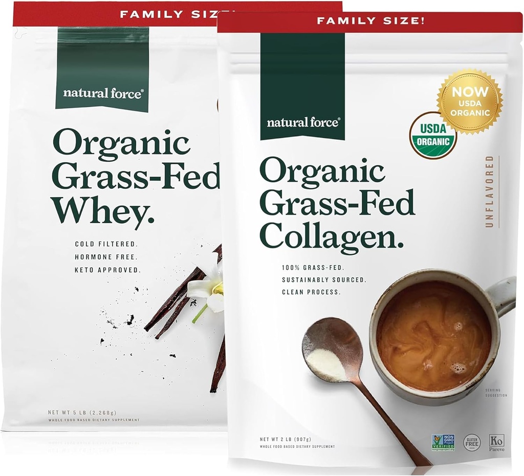 Natural Force Grass Fed Organic Whey Protein Powder Vanilla Flavor 5 lb Organic Clean Collagen Peptides Powder Unflavored, 32oz