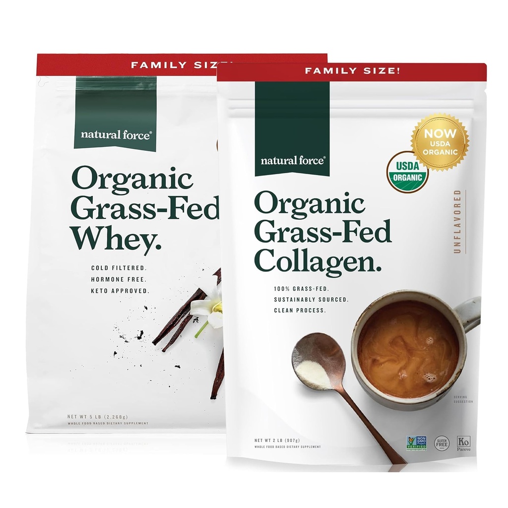 Natural Force Grass Fed Organik Whey Protein Toz Vanilla Flavor 5 lb Organik Temiz Collagen, Toz Unflavored, 32oz