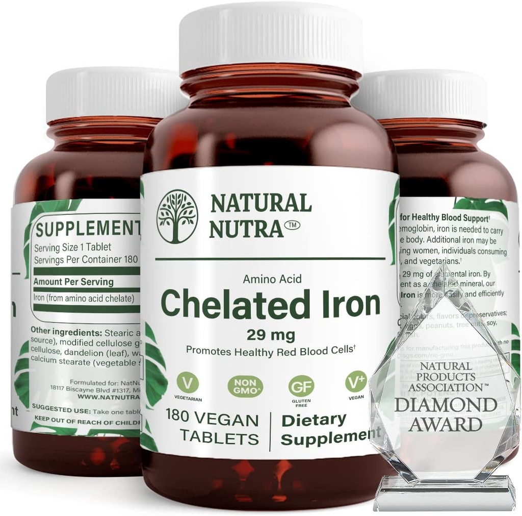 Natural Nutra Chelated Iron Supplement for Men & Women, Nails Health, Προάγει Βέλτιστη Απορρόφηση, Βοηθά στην ενίσχυση του επιπέδου του σιδήρου, Διατήρηση του σώματος Fulid, Βοήθεια για τη βελτίωση της ανάπτυξης των μαλλιών, την υγεία του δέρματος, 180 δισκία