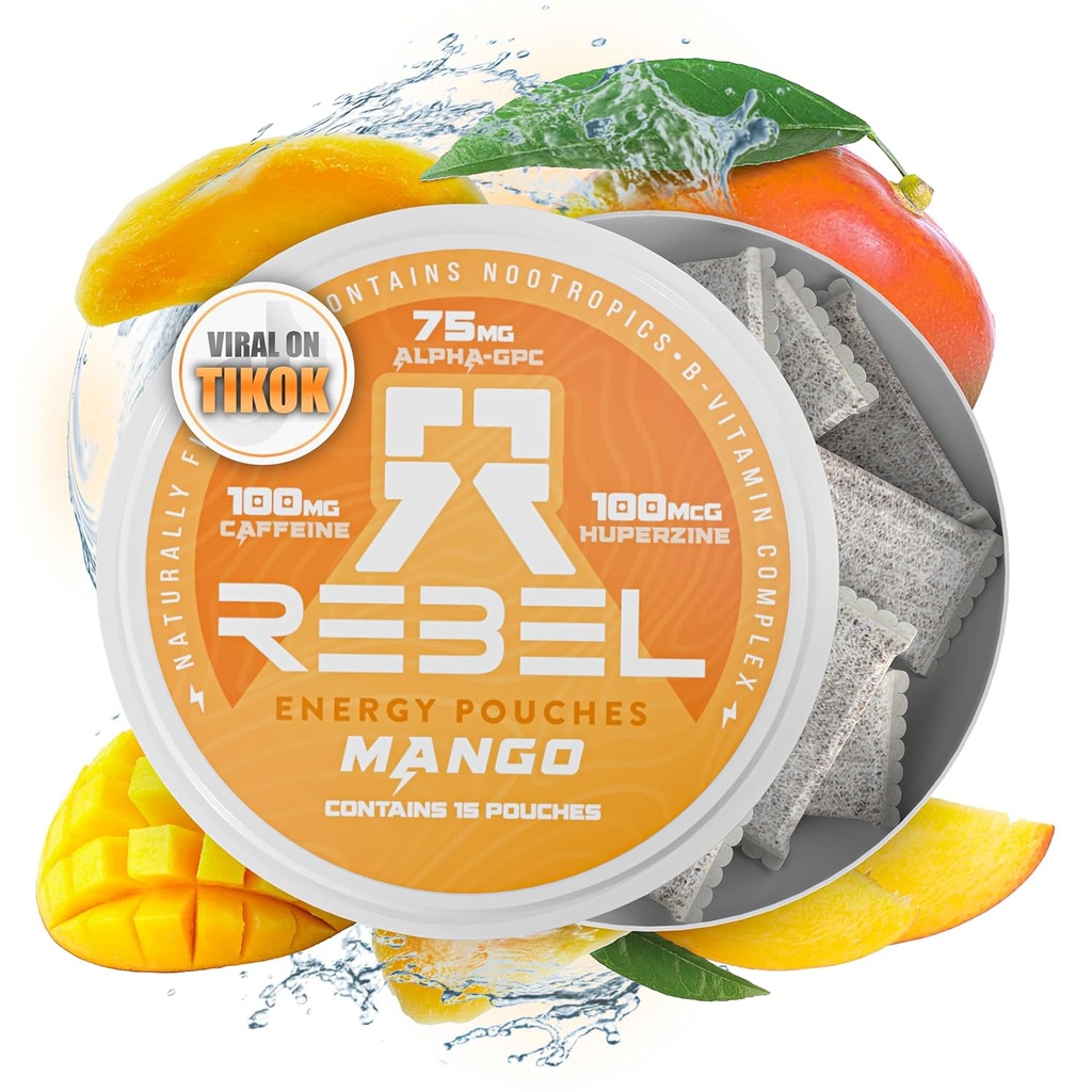 Nootropic Energy Caffeine Pouches • 100 mg Caffeine • Alfa GPC • Huperzine A & Essential Vitaminler • Sugar-Free • Coconut Fiber Teknolojisi • Mango Flavor • 15 Pouches Per Can (Pazar 1)