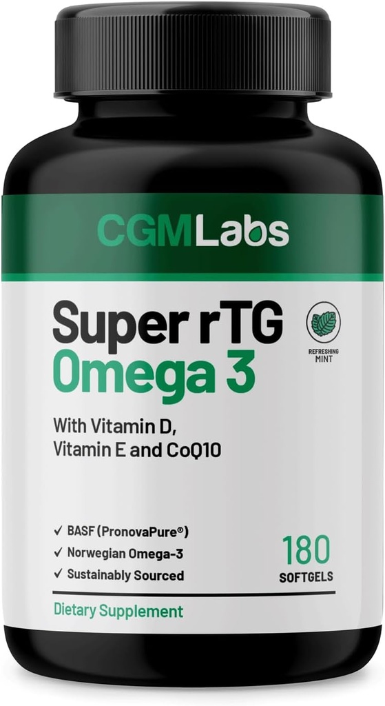 RTG Omega 3 Norveç Fish Oil with CoQ10 Diyetary Supplement- Heart Health & Antioksi Support with Vitamins D & E - 2000 mg Sustainable Sourced – Super rTG Omega 3, 180 Softgels by CGM Labs
