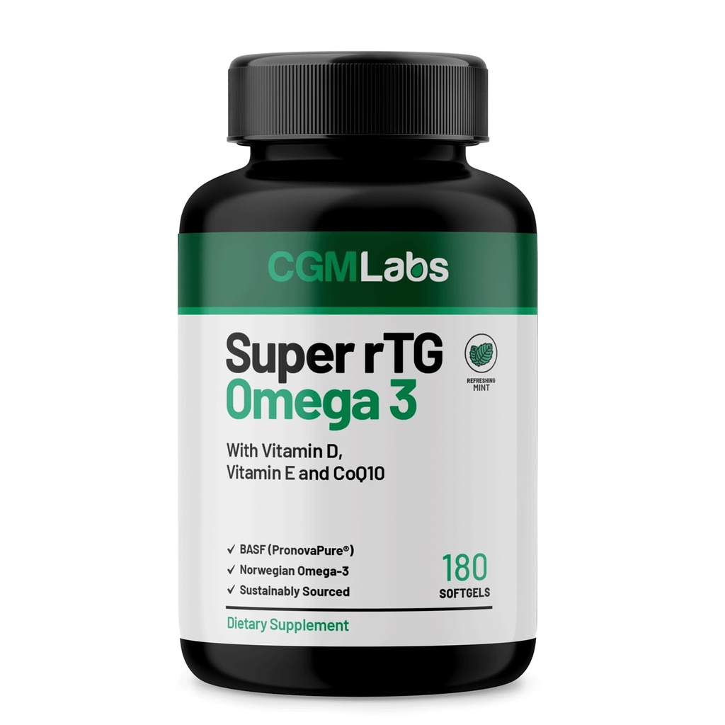 RTG Omega 3 Norveç Fish Oil with CoQ10 Diyetary Supplement- Heart Health & Antioksi Support with Vitamins D & E - 2000 mg Sustainable Sourced – Super rTG Omega 3, 180 Softgels by CGM Labs