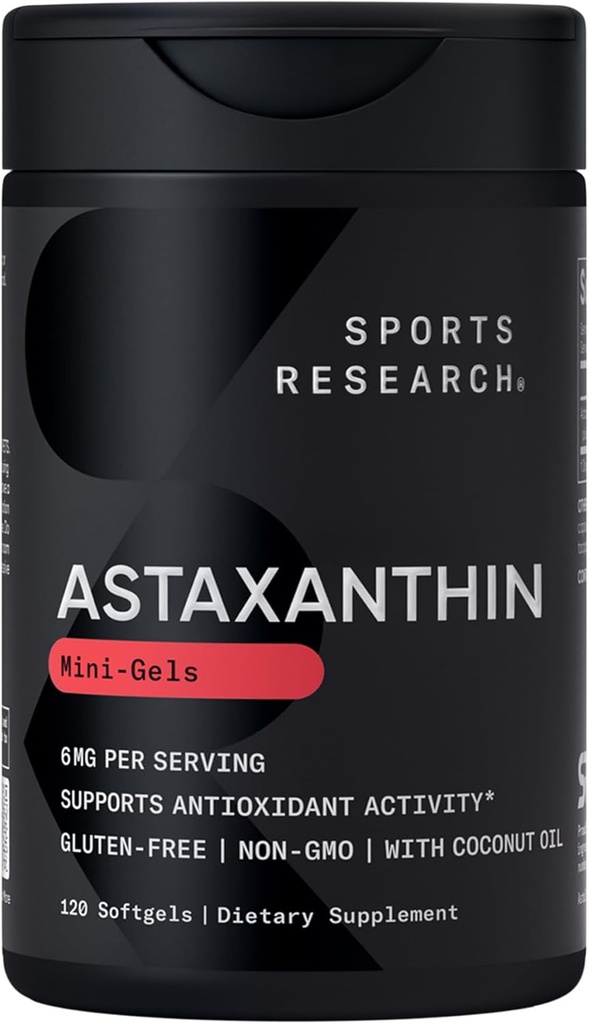 Sports Research Triple Strength Astaxanthin Supplement (6mg) με Βιολογικό Λάδι Καρύδας για Αντιοξειδωτική Δραστηριότητα, Υποστήριξη για την Υγεία του Δέρματος & των Ματιών - Μη ΓΤΟ Επαληθευμένο & Χωρίς Γλουτένη - 120 Softgels