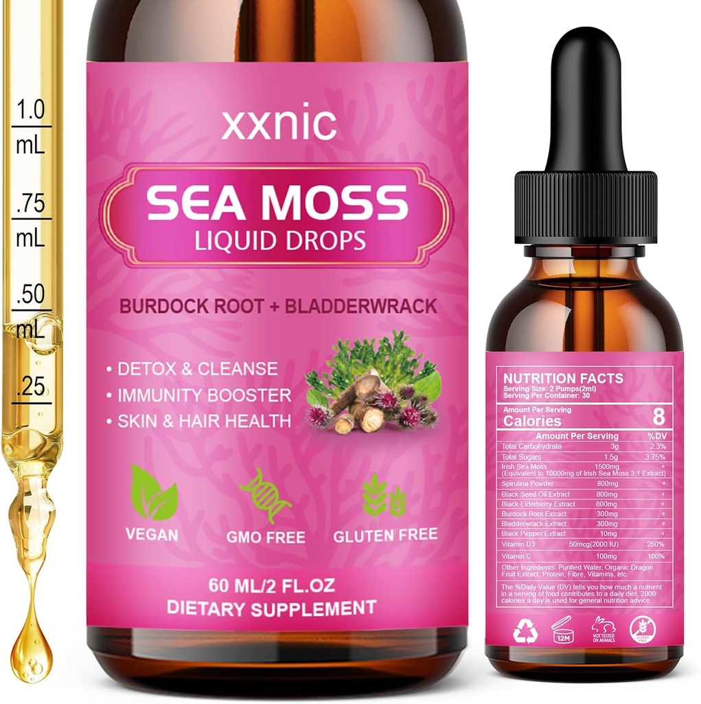 Sea Moss Advanced Liquid Drops, 3000 mg Organik Deniz Moss Sıvı Siyah Tohum Petrol & İrlandalı Denizmoss Gel, Raw Sea Moss Destek Immunity, Ortak, Digestive Health, 60mL-L8
