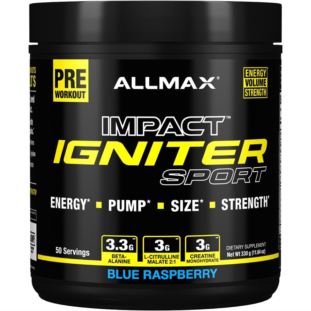 ALLMAX IGNITER Sport, Blue Raspberry - 330 g - Pre-Workout Formula - Caffeine, L-Citrulline, L-Arginine, Kretine & Beta Alanine - 50'ye kadar