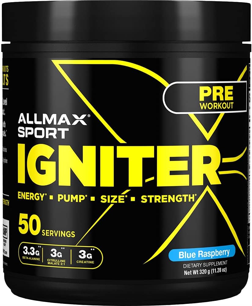 ALLMAX IGNITER Sport, Blue Raspberry - 330 g - Pre-Workout Formula - Caffeine, L-Citrulline, L-Arginine, Kretine & Beta Alanine - 50'ye kadar